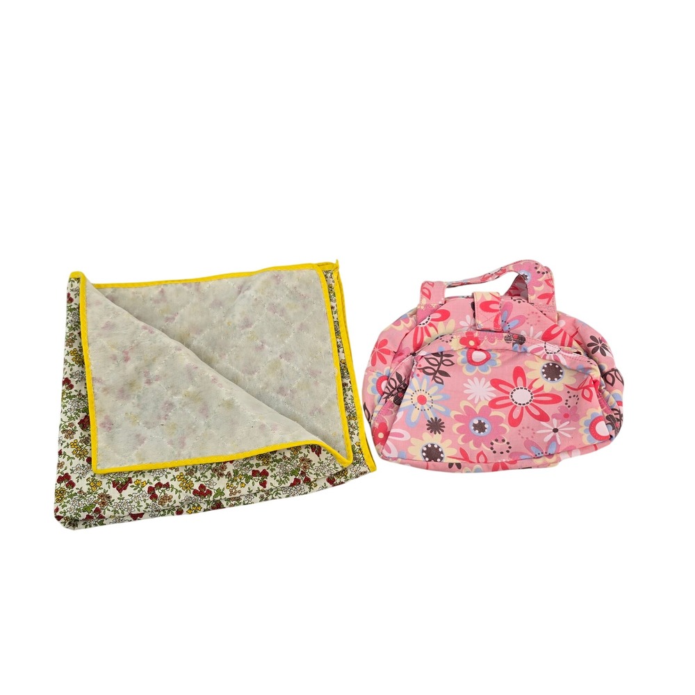 Handmade Quilted Doll Carrier Bag and Strawberry Floral Blanket Set